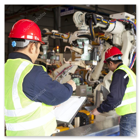 Mitarbeiter von WMS prüfen Bauteile an einem Arbeitstisch